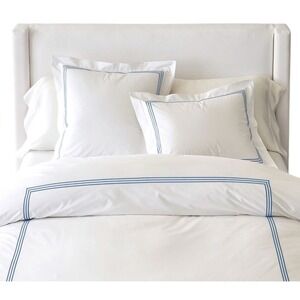 Pottery Barn Grand Organic Percale King Duvet Set Sham Pillowcases White Navy